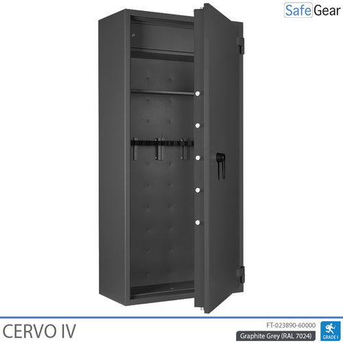 Cervo IV gun safe in Graphite Grey, door half open, empty